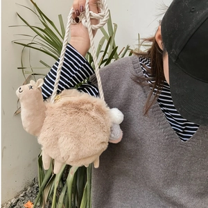 Cute alpaca plush crossbody bag with soft faux fur and durable woven rope shoulder strap