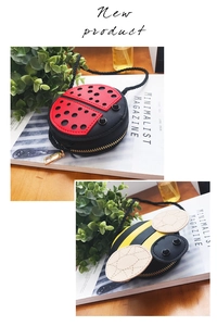 Detail view of mini cartoon ladybug and honeybee shoulder bags for kids with woven straps