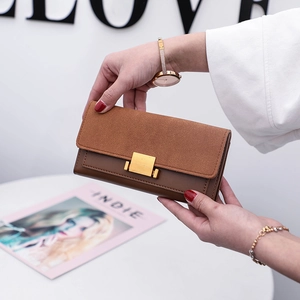 Korean Style Women Long Wallet PU Leather Frosted Suede Stitching Fashion Clutch With Metal Buckle Vintage Solid Color Multi Card Holder Money Bag