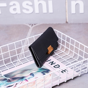 Minimalist long black frosted leather wallet for women with gold rectangular buckle closure