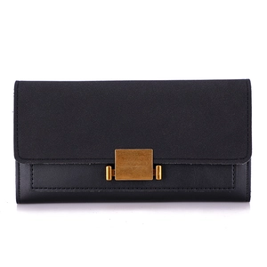 Minimalist black matte leather long wallet for women featuring a vintage metal buckle