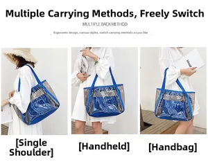 Detailansicht der blauen transparenten PVC-Tasche mit drei verschiedenen Tragevarianten