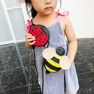 Cute cartoon ladybug and bee crossbody bags for kids shown on a child model