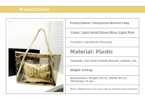 Detail der transparenten PVC-Tasche mit goldener TOUGH-Innentasche und Maßen 30x40x15cm
