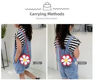 Detail view of child wearing floral daisy crossbody bag in red, white and yellow silicone