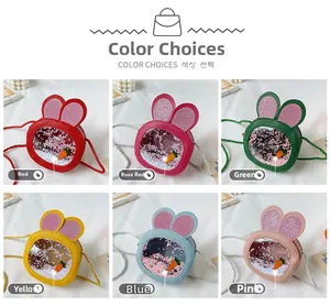Detailed grid view of six colorful cute bunny ear crossbody bags for kids with sequins