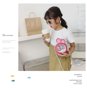 Pink sequin crossbody bag for kids featuring cute bunny ears and a carrot print detail