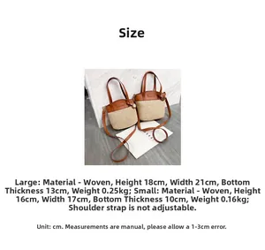 Size chart showing dimensions for large and small woven bucket bags with leather trim