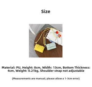 Detailed specs of mini PU leather satchel bag with dimensions 13x8x4cm and 0.21kg weight