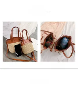 Detail of straw bucket bags in two sizes showing interior storage for daily essentials