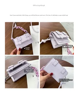 Detail view showing front, side, bottom and back of lavender mini satchel with pink chain