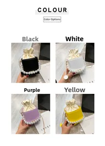 Showcase of four pearl handle bucket bags in black, white, purple, and yellow options