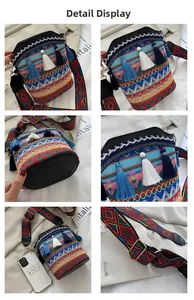 Dettagli ravvicinati della borsa a secchiello boho tessuta con nappine e ricami vivaci