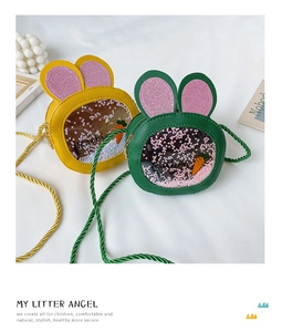 Detail of colorful sequined rabbit crossbody bags for kids with carrot decor