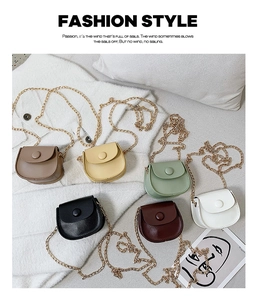 Flat lay of trendy mini crossbody chain bags for girls in six vibrant fashion colors