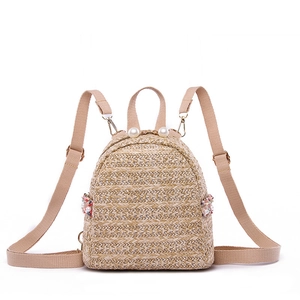 Women Mini Straw Woven Backpack Bohemian Artificial Pearl Decor Summer Beach Casual Small Rucksack With Adjustable Straps
