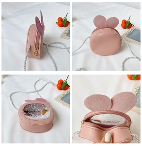 Detailed views of a pink rabbit ear crossbody bag with sequin carrot and glitter sand