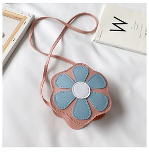 Detailed top view of pink flower-shaped PU leather crossbody bag for girls with strap