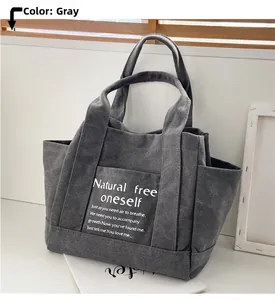 Gray canvas diaper tote bag in high-capacity design shown on minimalist wood background