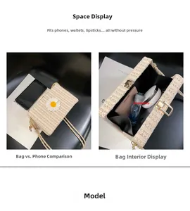 Vue intérieure du sac bandoulière en paille montrant la capacité pour téléphone et maquillage
