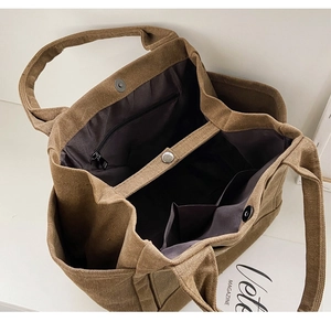 Top view of brown canvas tote bag showing interior compartments and zipper pocket storage