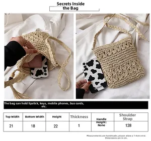 Size chart showing dimensions for a handmade summer woven straw shoulder crossbody bag