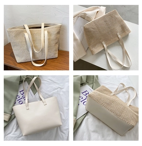 Detail of minimalist beige woven tote bag with creamy white leather trim and double handles