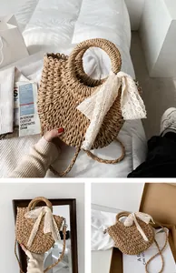 Detail of khaki woven straw handbag with elegant white lace bow and round top handles