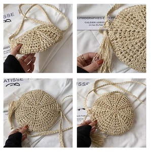 Detail of round beige straw crossbody bag featuring spiral weave and long side tassels