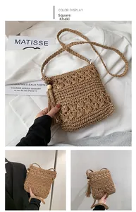Detail of square khaki straw woven bag with intricate crochet pattern and tassel charm