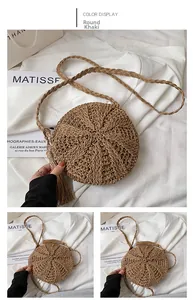 Detail of round straw crossbody bag with tassel and textured woven pattern in khaki color