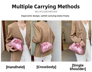 Pink metallic pleated cloud bag shown in three ways: clutch, crossbody, and shoulder bag