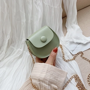 Green mini PU leather crossbody bag for girls with gold chain strap and round buckle