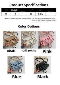 Size chart for summer pleated crossbody bag showing dimensions and five stylish color options