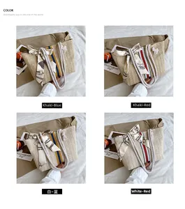 Four variations of woven straw shoulder bags with striped details and chic silk scarves