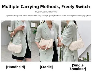 Three-way carry view of lace baguette bag with pearl strap and gold hardware