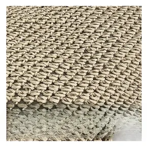 Macro view of precise beige straw woven texture and high-density cross-braided pattern