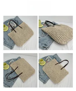 Multi-angle views of straw tote bag with brown leather handles and woven texture