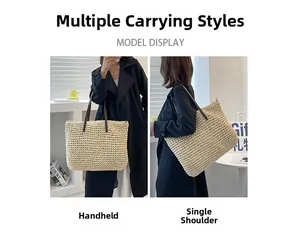 Detail of hand-woven tote bag with leather straps showing handheld and shoulder styles