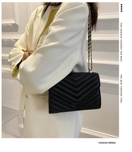 Close-up of black V-quilted texture and gold chain strap on the elegant shoulder bag