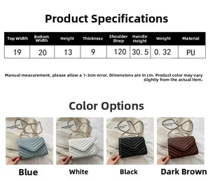 Detailed size chart and dimensions for the V-quilted chain shoulder bag in four colors
