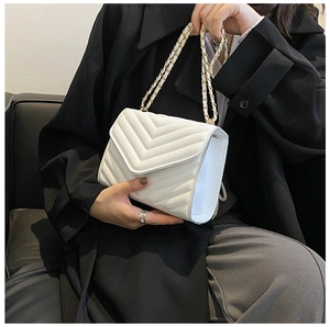 Close-up of white chevron quilted leather texture and gold metal chain strap on small bag