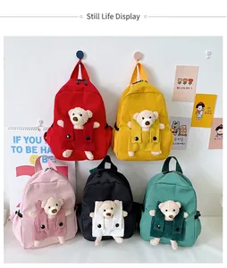 Dettaglio decorazione orsetto di peluche su zaini per bambini in velluto