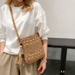 Handgemaakte Strogevlochten Schoudertas Vrouwen Bohemian Vakantie Strand Crossbody Tas Kwosje Houten Kralen Zomer Weven Handtas
