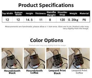 Detailed size chart and dimensions for the leopard print PU leather mini bucket bag