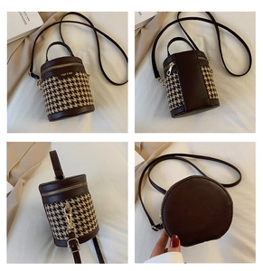 Detail views of houndstock bucket bag showing gold hardware, stitching and strap