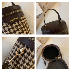 Detailed views of gold logo, metal hardware, and tweed stitching on the leopard bucket bag