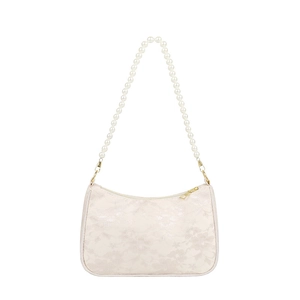 Chic pleated underarm bag in cream white with floral lace and elegant pearl strap