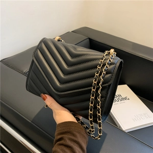 Women's Chic PU Leather V-Quilted Shoulder Bag Elegant Chain Strap Small Square Crossbody Bag For Daily Party Fashion