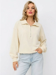 Women's cream half-zip sweatshirt with lapel collar and ribbed cuffs in casual style